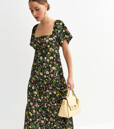 Black Crepe Floral Flutter Midi Dress