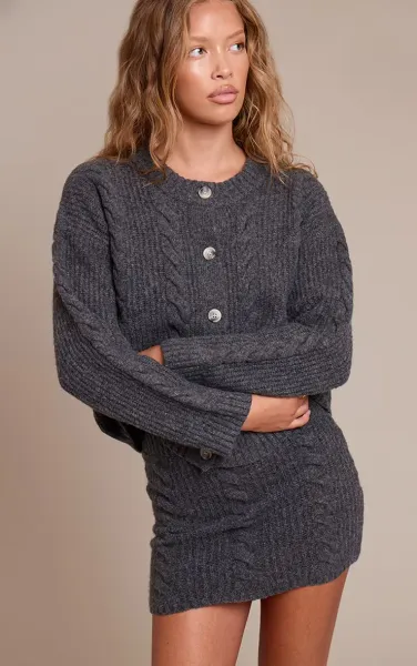 Charcoal Cable Knit Button Through Cardigan
