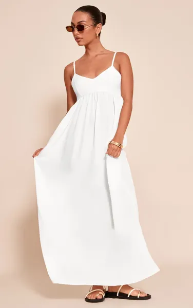 White Textured Strappy Scoop Neck Sleeveless Maxi Dress