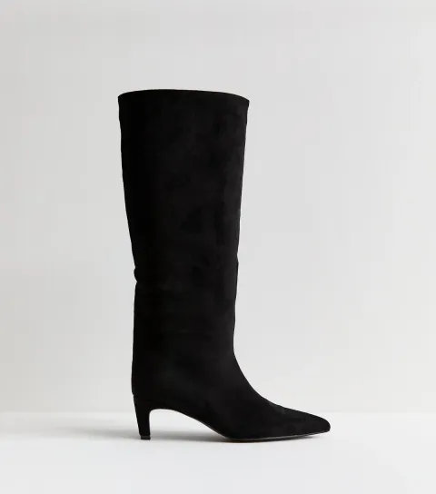 Black Faux Suede Low Stiletto Heel Knee High Boots Vegan
