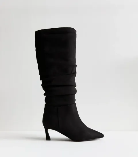 Wide Fit Black Faux Suede Ruched Knee High Boots Vegan