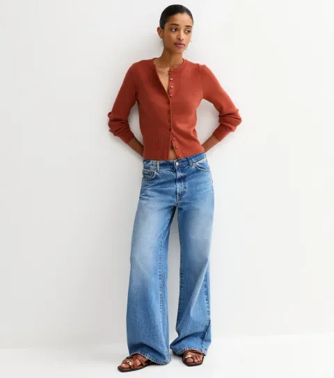 Rust Compact Knit Crew Neck Cardigan