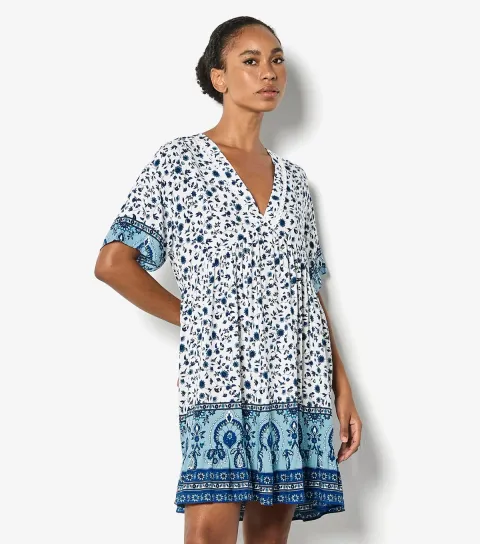 Blue Floral Border Print Mini Dress