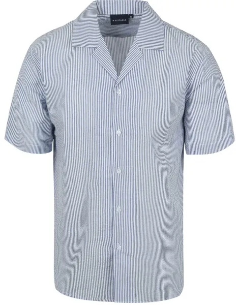 Suitable Short Sleeve Shirt Stripe Seersucker Light Light blue Blue maat L