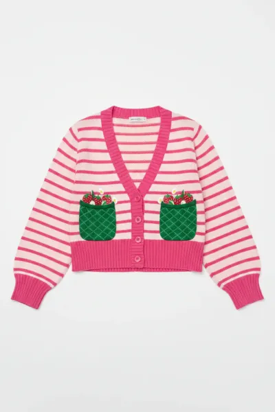 Smak Parlour 1960s Pink Stripes & Strawberry Pocket Cardigan
