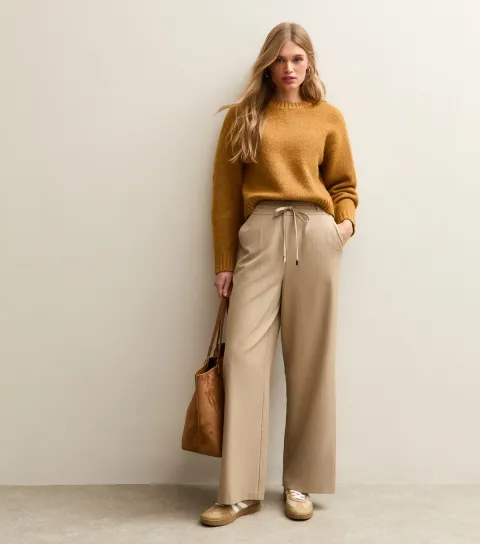 Brown Striped Tie Waist Wide Leg Trousers