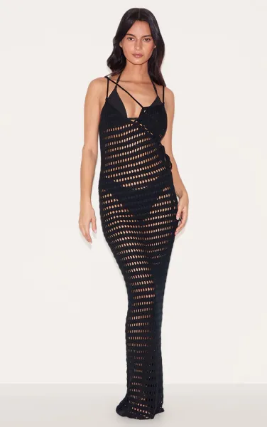Black Knit Crochet Bust Detail Maxi Dress