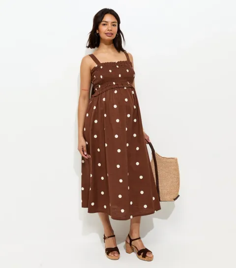 Maternity Brown Polka Dot Bow Back Midi Dress