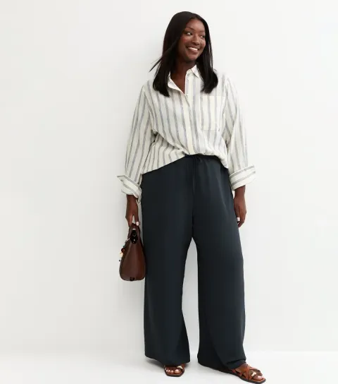 Plus Size Navy Drawstring Wide Leg Trousers Curves