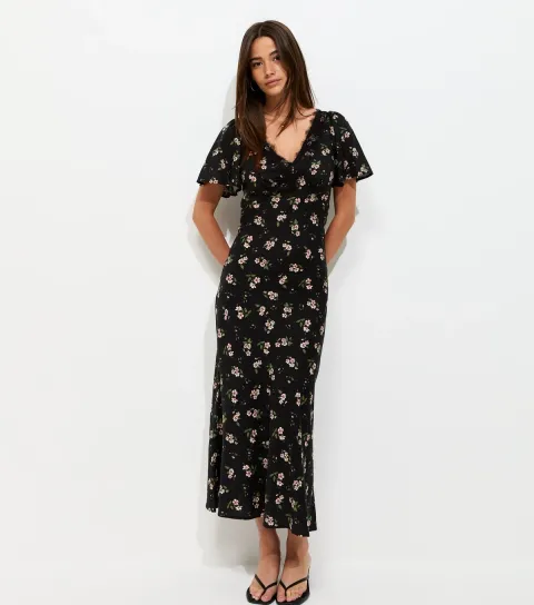 Black Floral Flutter Sleeve Midi Dress