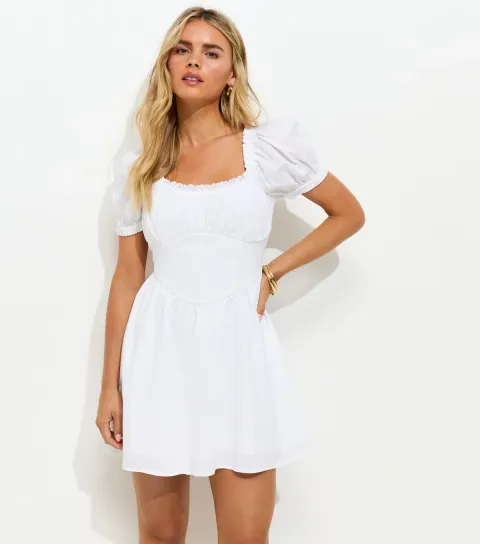 Petite White Lace Trim Milkmaid Corset Waist Mini Dress