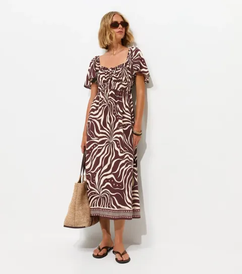 Brown Swirl Print Flutter Sleeve Midi Dress