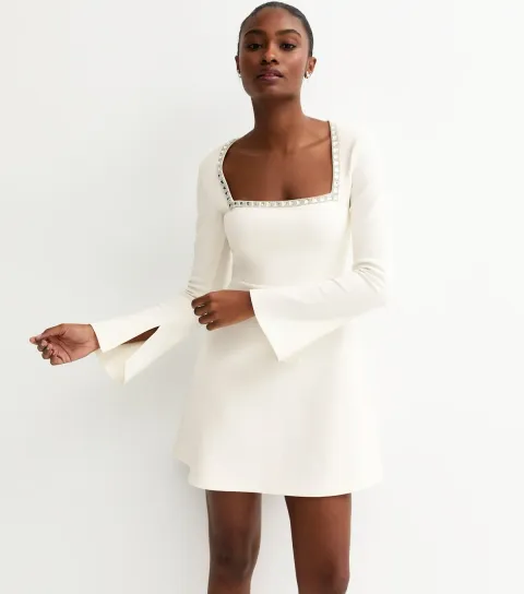 White Diamante Square Neck Mini Dress