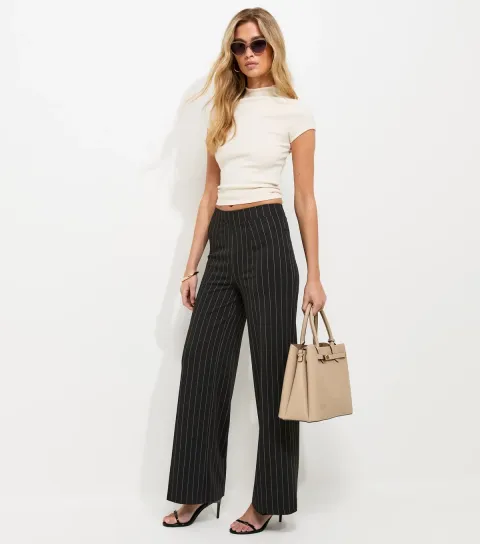 Tall Black Striped Wide Leg Trousers