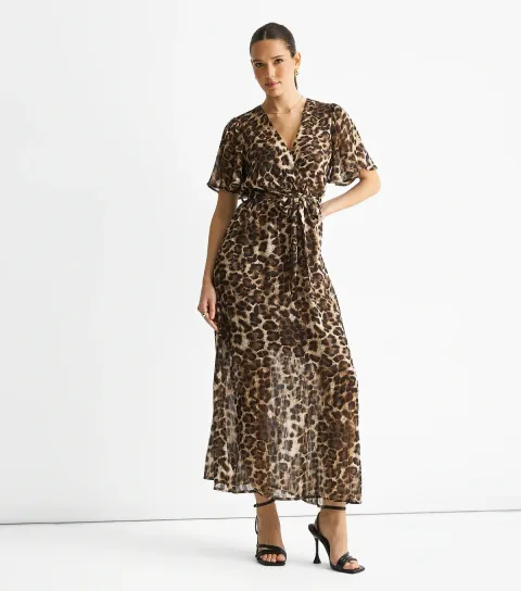 Brown Animal Print Wrap Midi Dress