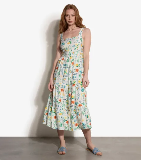 Cream Postcard Print Midi Dress