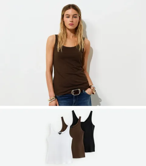 Brown Cotton Pack of Three Jersey Scoop Neck Vest Tops