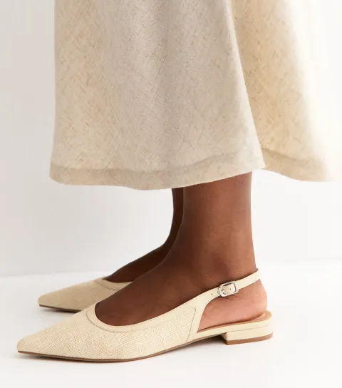 Off White Woven Pointed Slingback Pumps Vegan