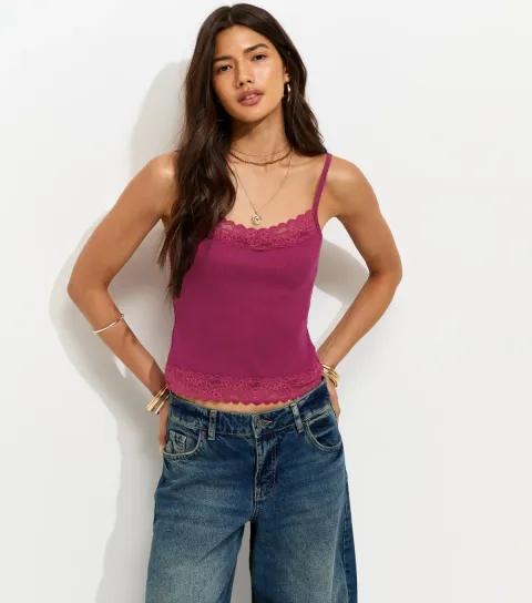 Light Burgundy Cotton Rich Lace Trim Cami Top