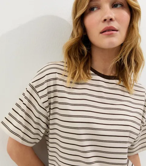 Cream Striped Boxy Crew Neck T-Shirt