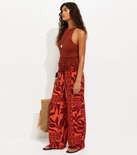 Red Crepe Leaf Pattern Wide Leg Trousers