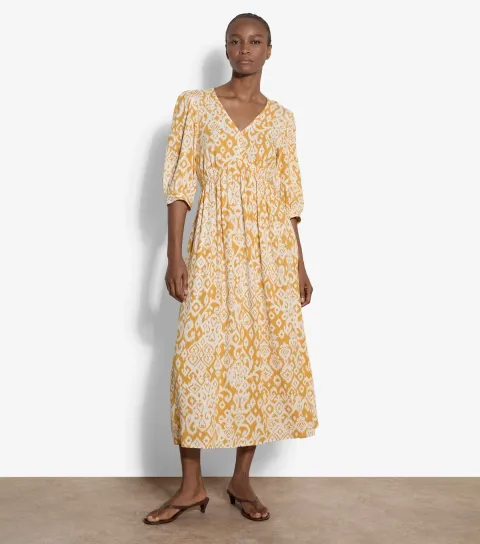 Yellow Abstract Print Cropped Sleeve Midi Dress