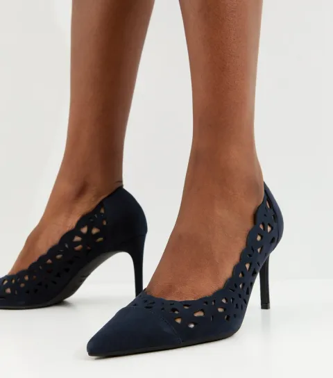Navy Faux Suede Laser Cut Court Shoes Vegan