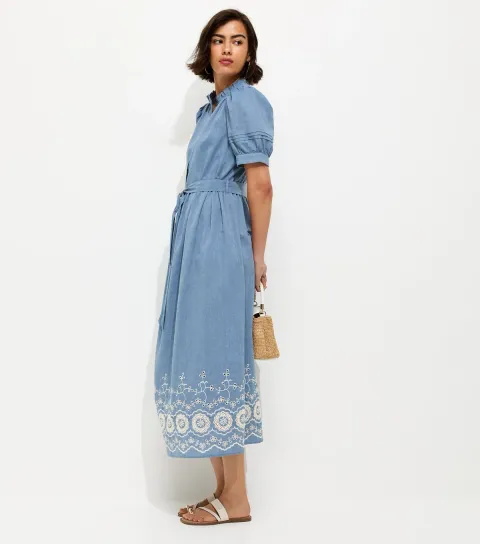 Light Blue Cotton Chambray Grandad Neck Broderie Midi Dress