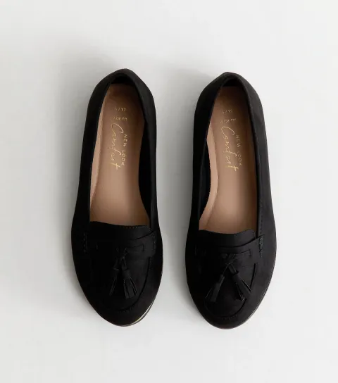 Wide Fit Black Faux Suede Tassel Loafers Vegan