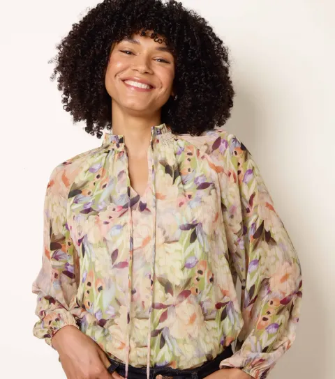Green Floral Print Tie Front Blouse