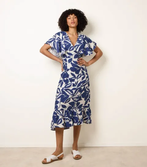 Blue Floral Wrap Midi Dress