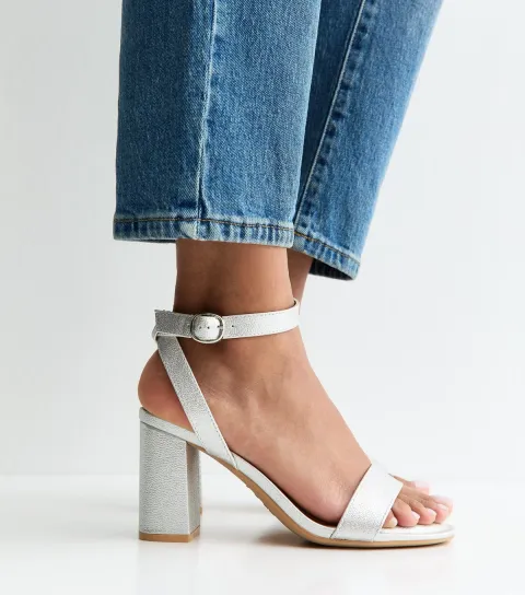 Wide Fit Silver Single Strap Block Heel Sandals Vegan