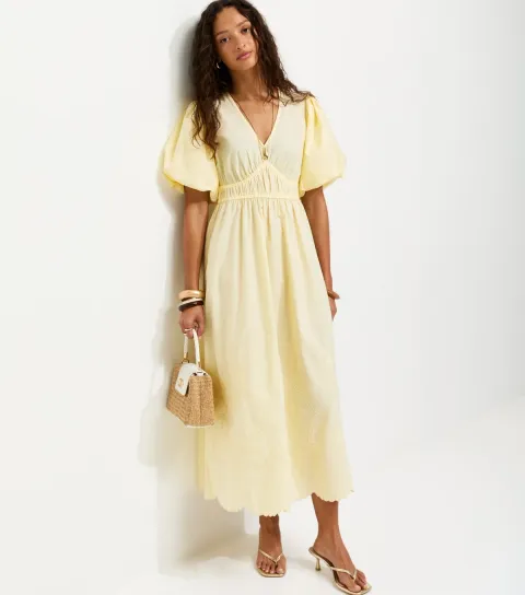 Light Yellow Cotton Puff Sleeve Midi Dress