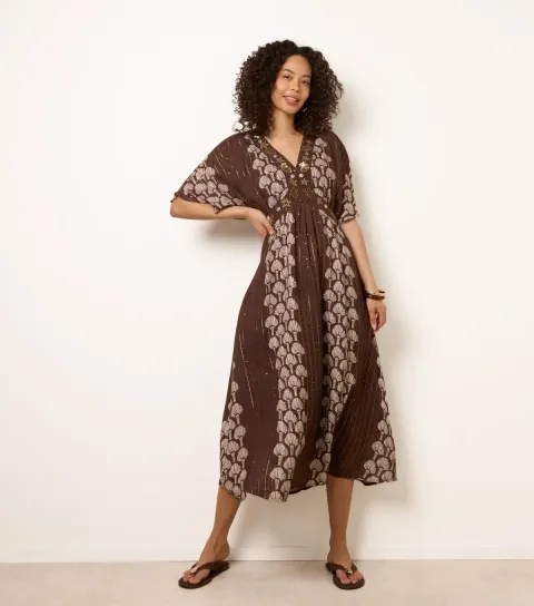Dark Brown Shell Print Embroidered Midi Dress
