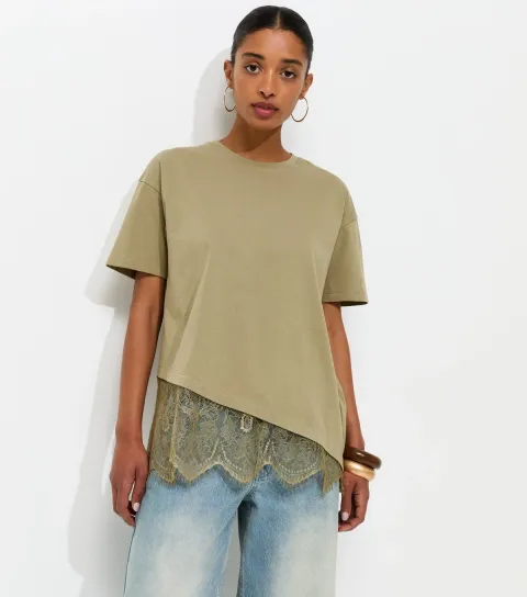 Light Khaki Cotton Scalloped Lace T-Shirt