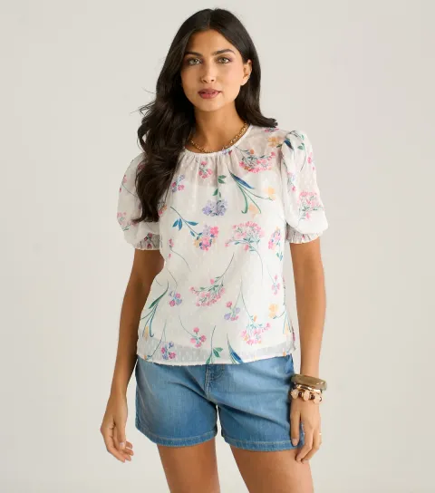 White Chiffon Floral Print Shirred Blouse