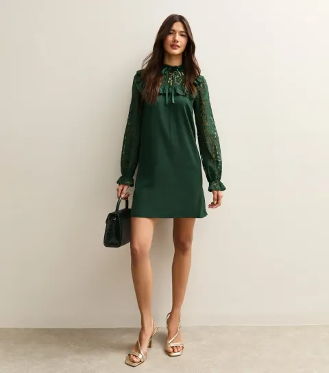 Dark Green Lace Sleeve Smock Mini Dress