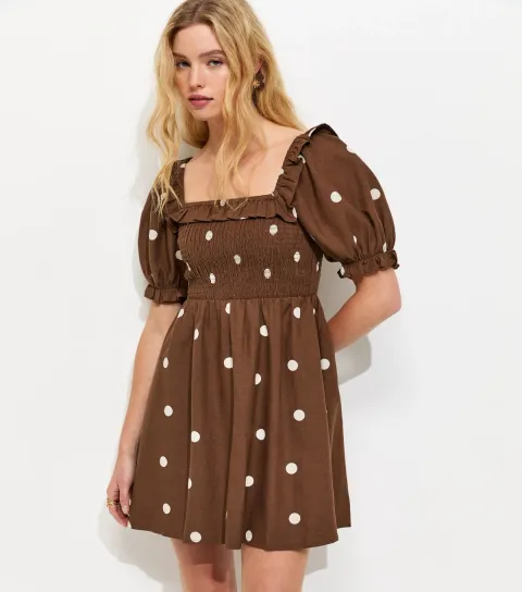 Brown Polka Dot Shirred Short Sleeve Mini Dress