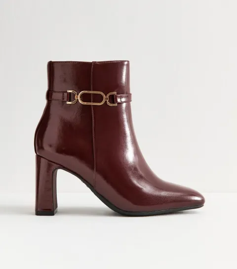 Wide Fit Burgundy Faux Leather Chain Trim Ankle Boots