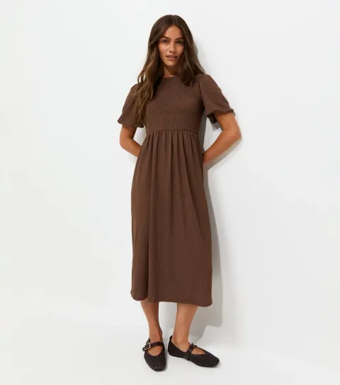 Petite Dark Brown Woven Texture Shirred Bodice Midi Dress