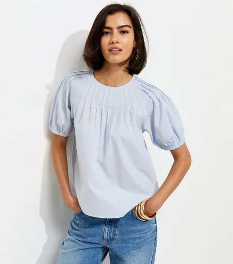 Light Blue Pintuck Poplin Blouse