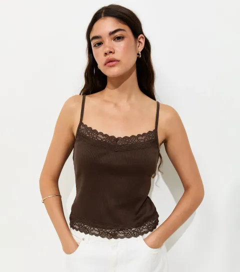 Dark Brown Cotton Rich Lace Trim Cami Top