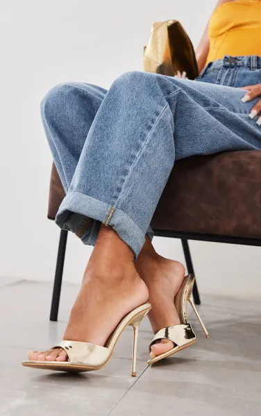 Gold Mirrored Point Toe High Stiletto Heeled Mules