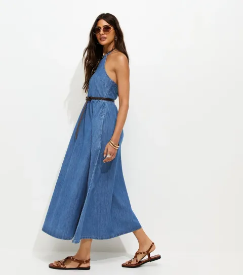Blue Denim Halterneck Midi Dress