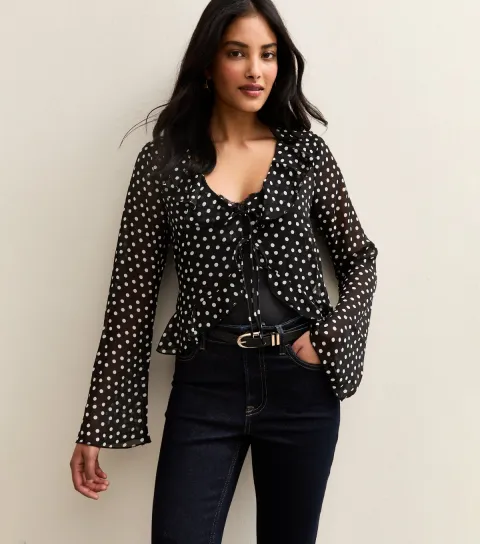 Black Polka Dot Chiffon Tie Front Blouse