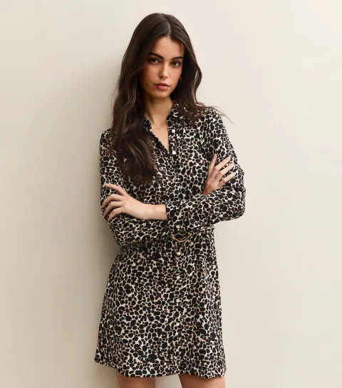 Brown Leopard Print Belted Shirt Dress