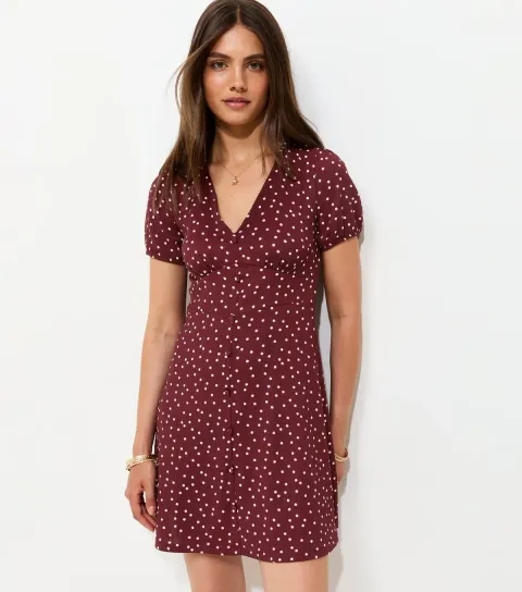 Red Spot Print V-Neck Short Sleeve Mini Dress
