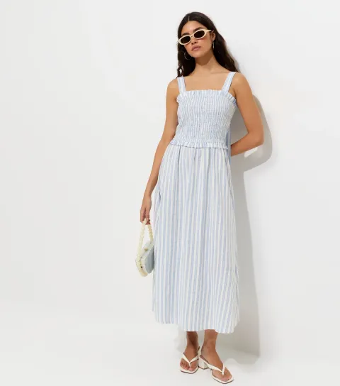 Blue Striped Shirred Bodice Bow Back Midi Dress