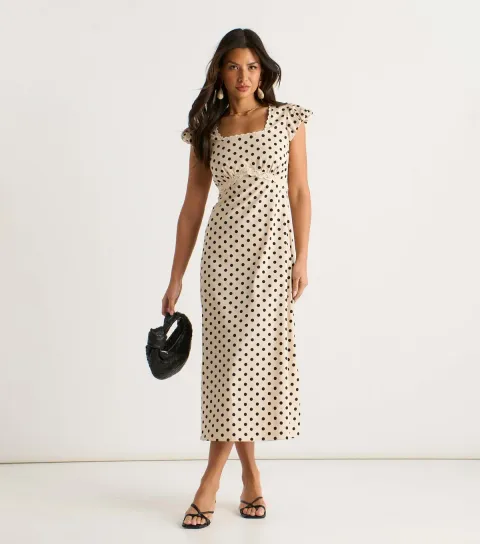 Polka Dot Print Lace Trim Midi Dress