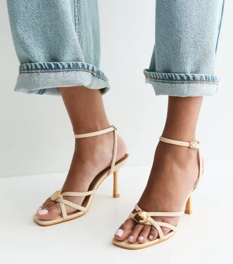 Off White Faux Leather Sculpted Charm Detail Strappy Sandals Vegan